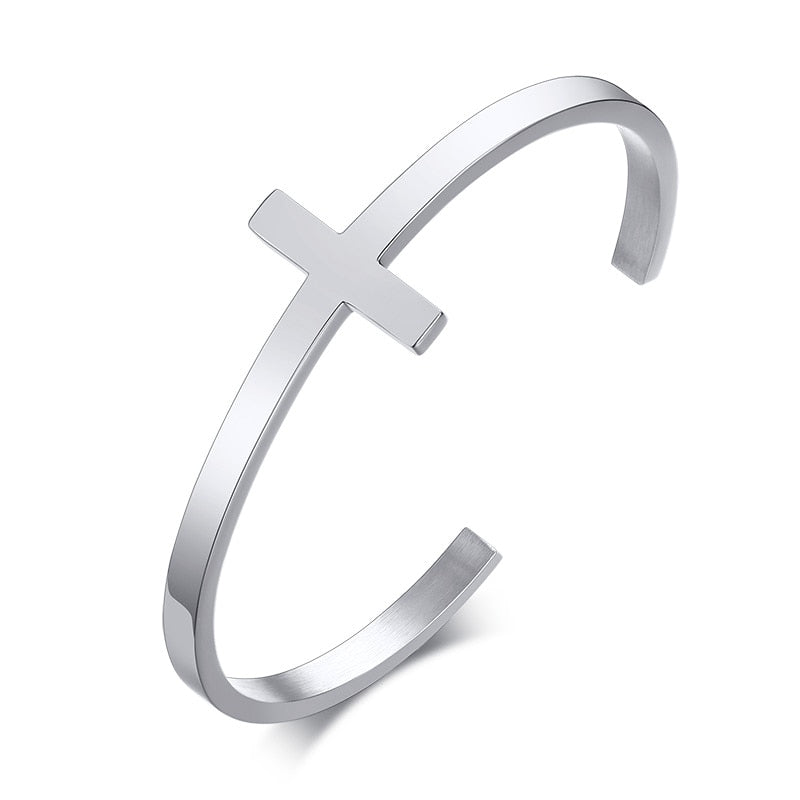 SILVERLY CROSS CUFF BRACELET STAINLESS STEEL SIDEWAYS CROSS BRACELET